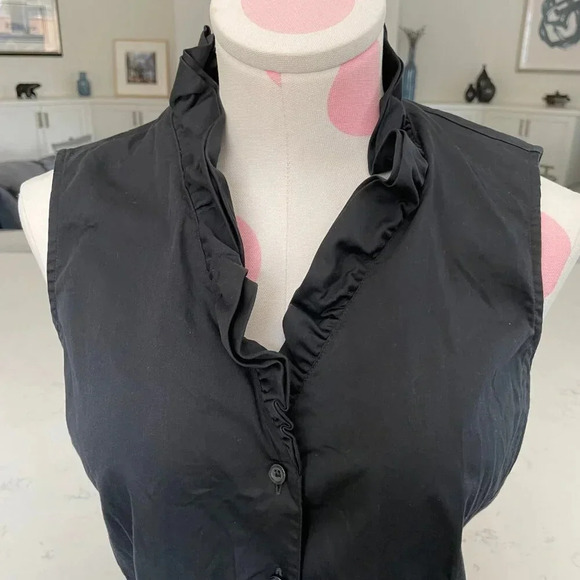 Brooks Brothers Slvless Frill Neck Button Down Cotton Fitted Blouse Black Sz 4 - Picture 2 of 8
